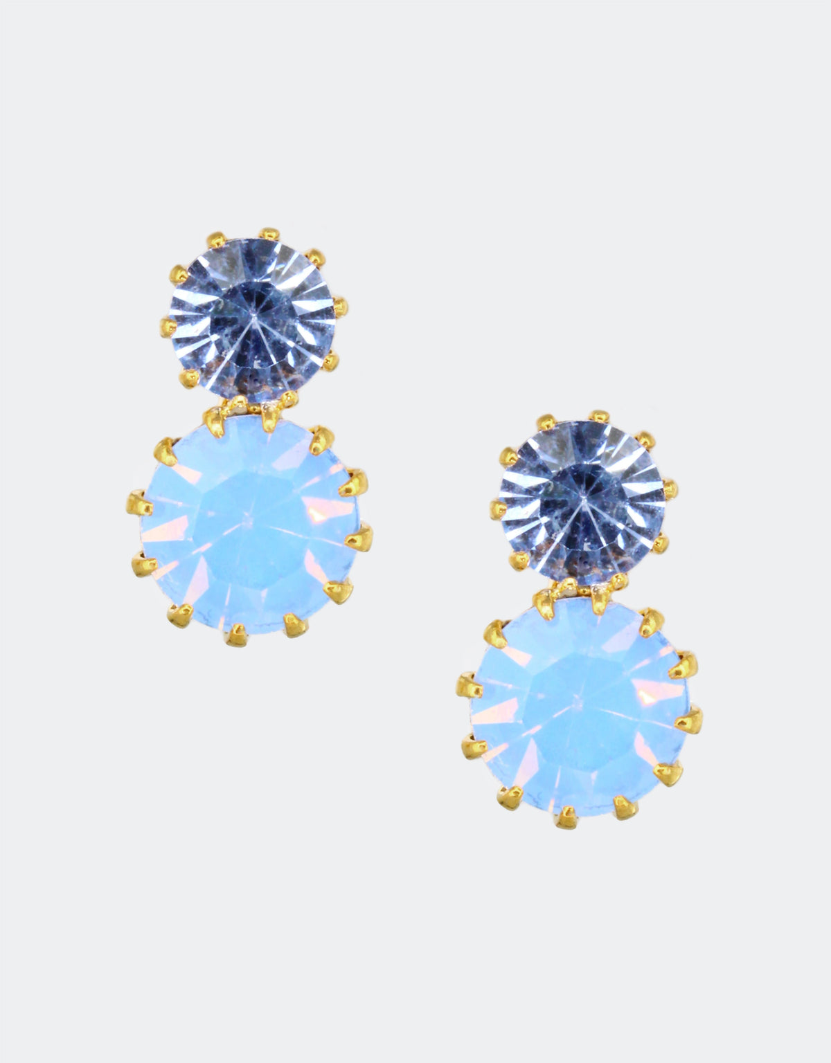 A pair of blue crystal stud earrings with gold-colored settings, crafted in a snowman shape by selene crystal
