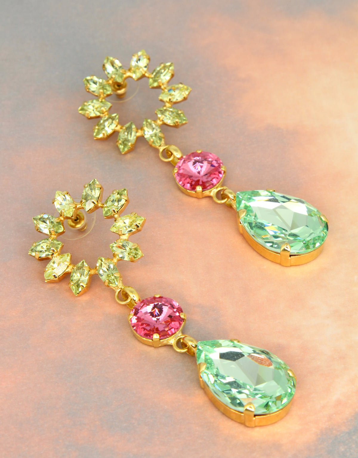 green and pink colour earrings with golden base a sophisticated bridesmaid jewellery