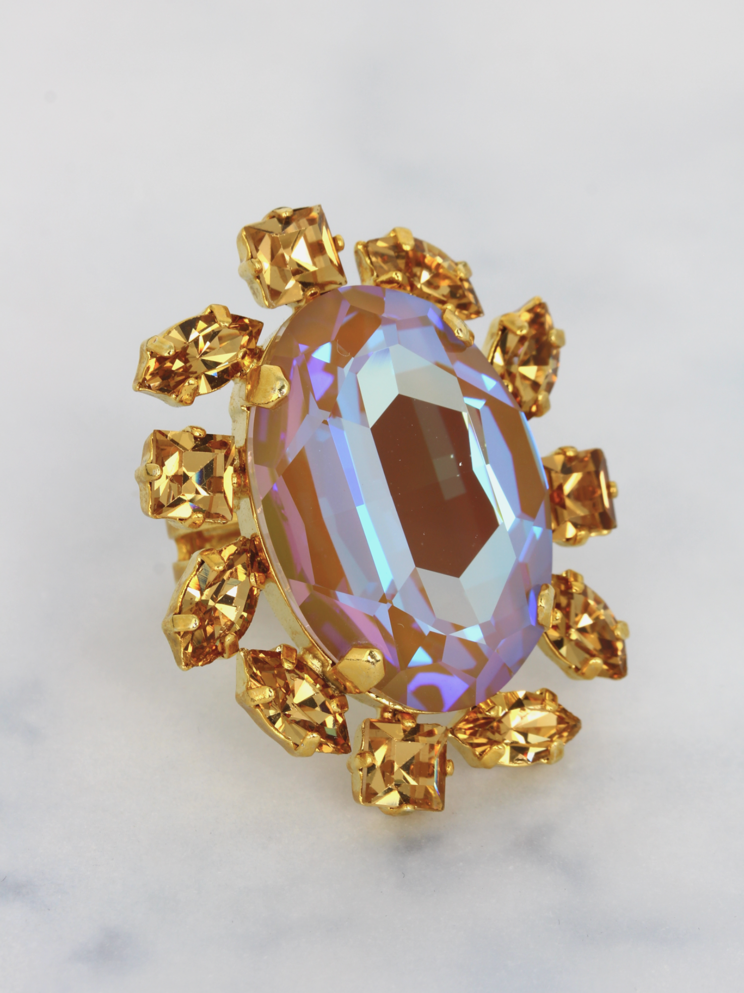 crystal cocktail ring with golden band