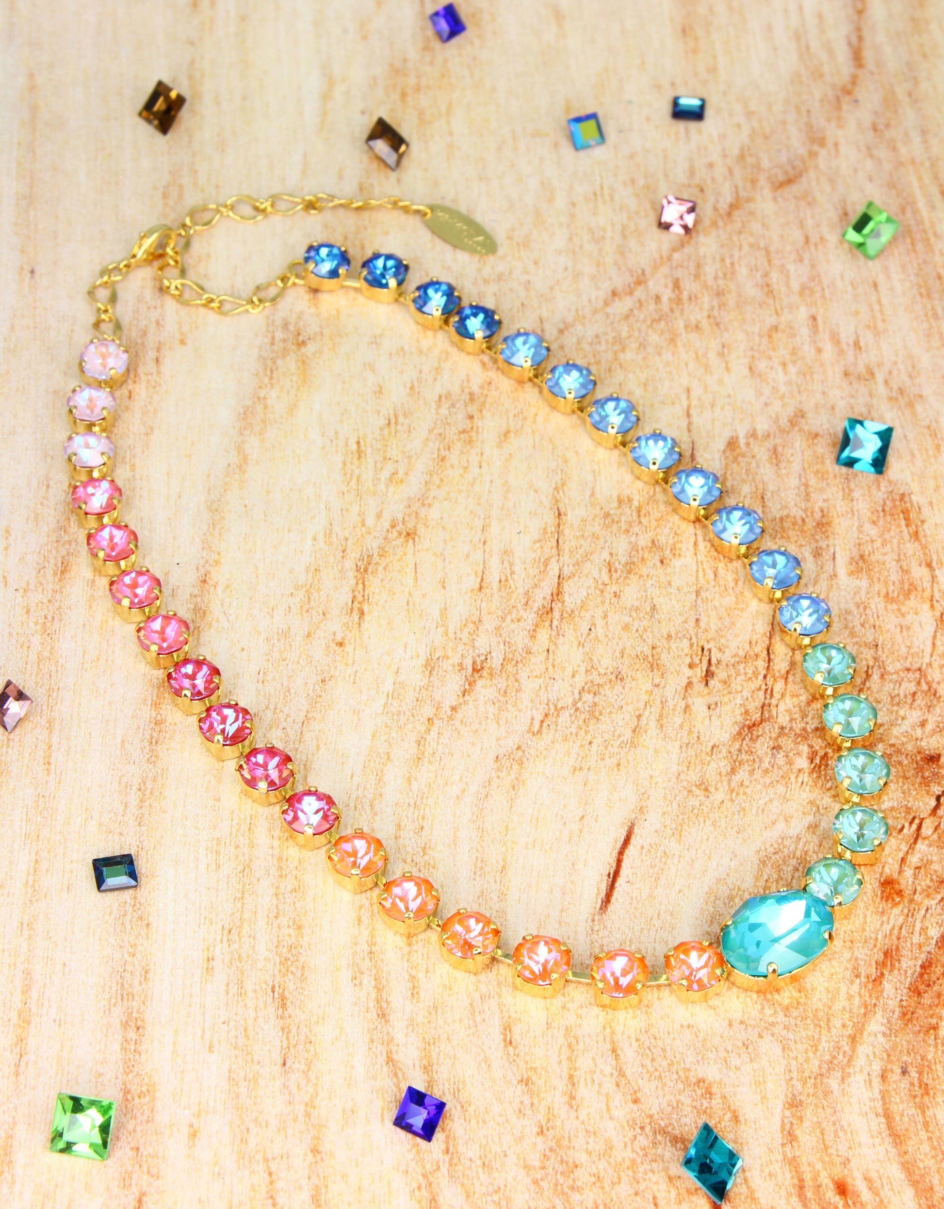 colourful designer necklace with the golden extension chain, in european style