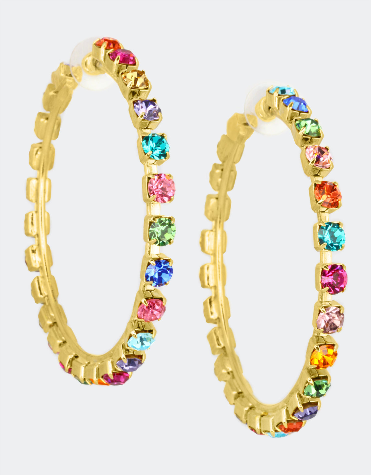 colourfull hoop earrings by selene crystal to wear on white knitwear