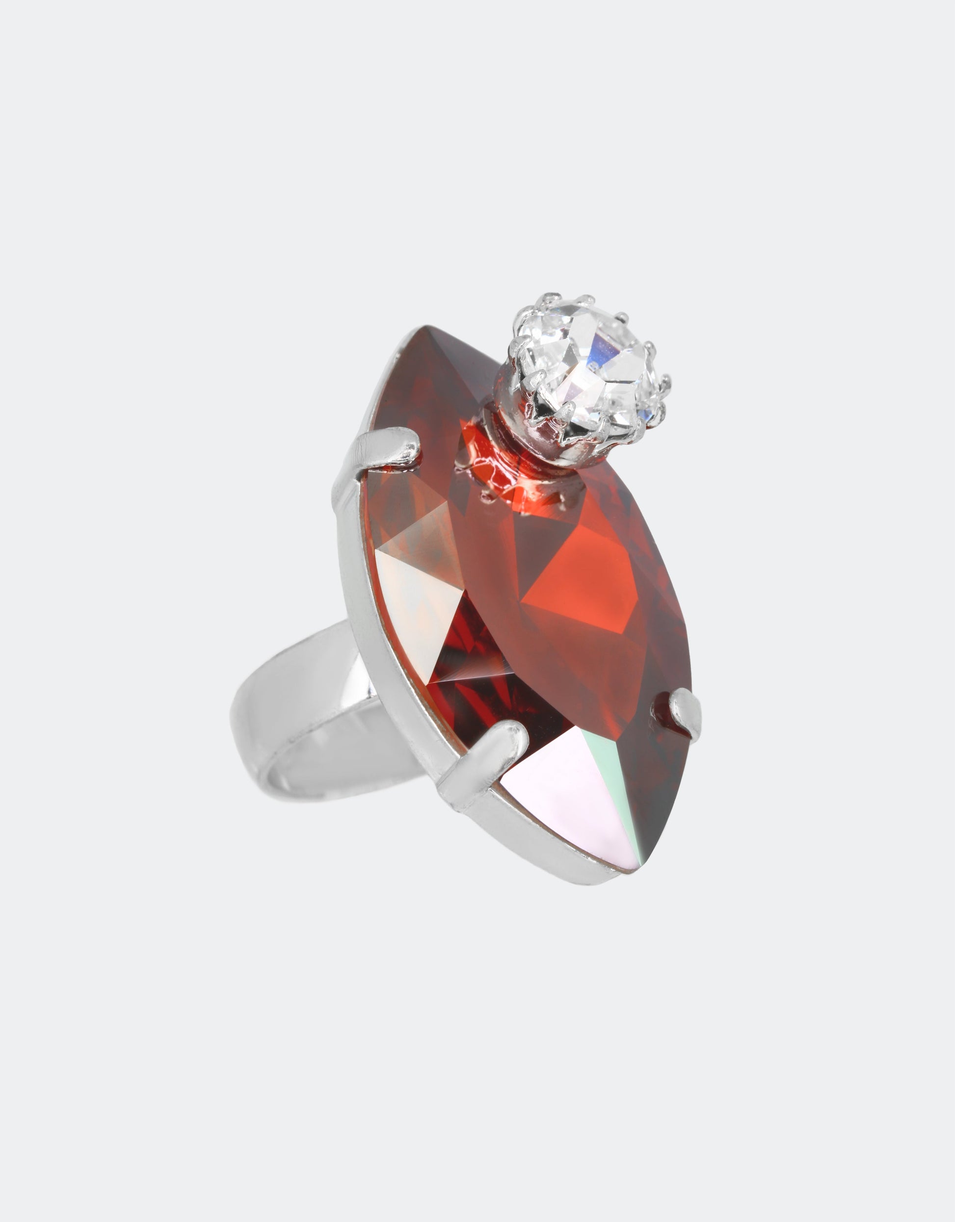 ring with small crystal on top and silver plated adjustable band a fine european jewellery design