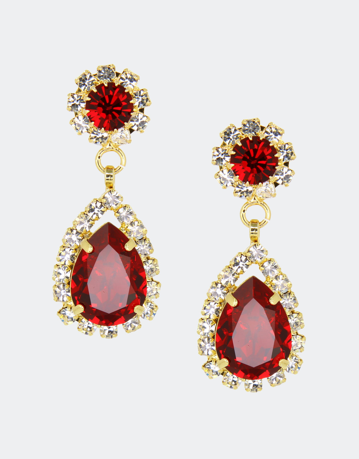 red crystal drop earring in pear shape dangle