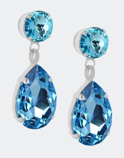 Selene Crystal Angelina classic drop earrings in deep blue crystal and silver setting – handcrafted in London with upgraded comfort and timeless design.