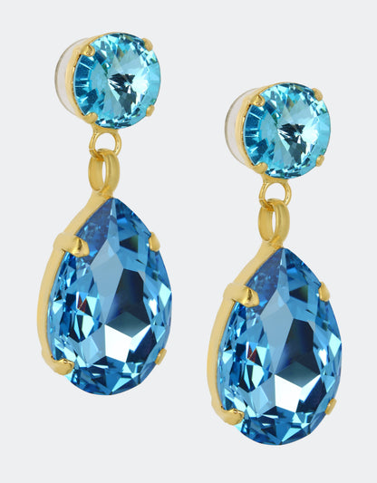 Selene Crystal Angelina handcrafted drop earrings in blue crystal and gold – a classic London-made design with rich colour and lasting durability.