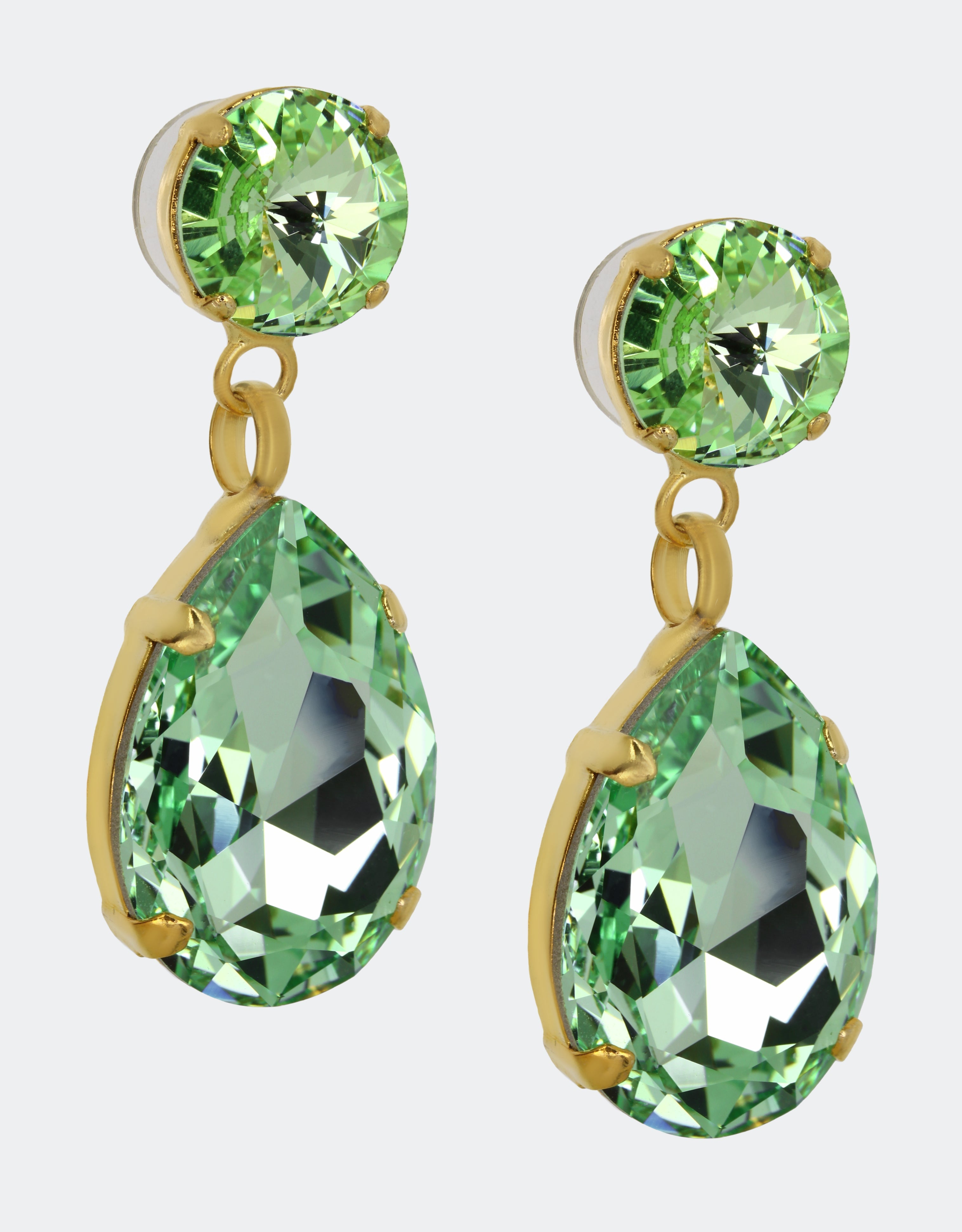 Selene Crystal Angelina drop earrings in mint green crystal and silver – handcrafted London jewellery with delicate colour and lightweight wear for special occasions.