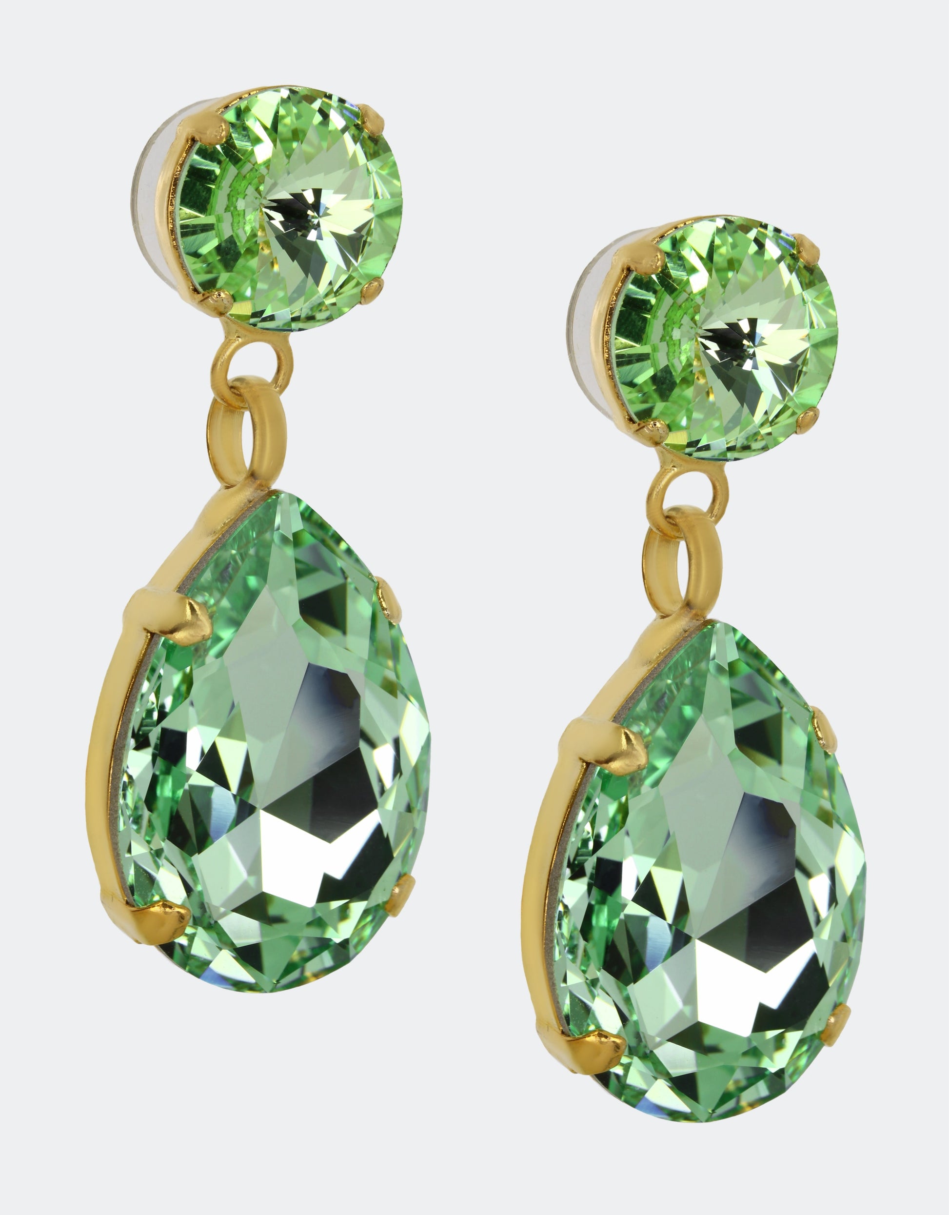 Selene Crystal Angelina drop earrings in mint green crystal and silver – handcrafted London jewellery with delicate colour and lightweight wear for special occasions.