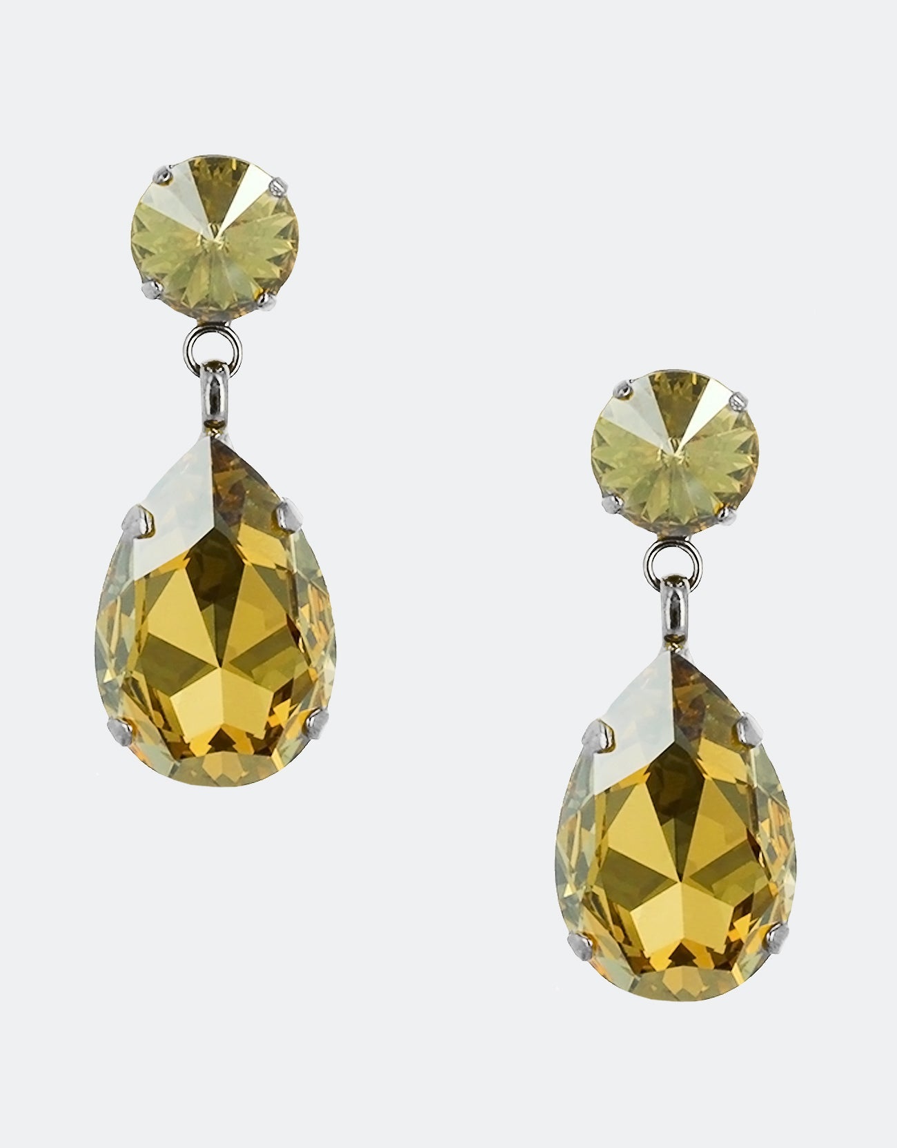 Selene Crystal Angelina drop earrings in olive and gold – a 25-year London classic crafted for durability, comfort and timeless elegance across every occasion. Free worldwide shipping on orders over £199.