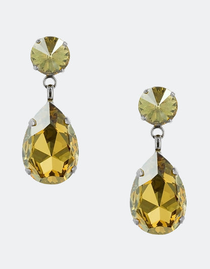 Selene Crystal Angelina drop earrings in olive and gold – a 25-year London classic crafted for durability, comfort and timeless elegance across every occasion. Free worldwide shipping on orders over £199.