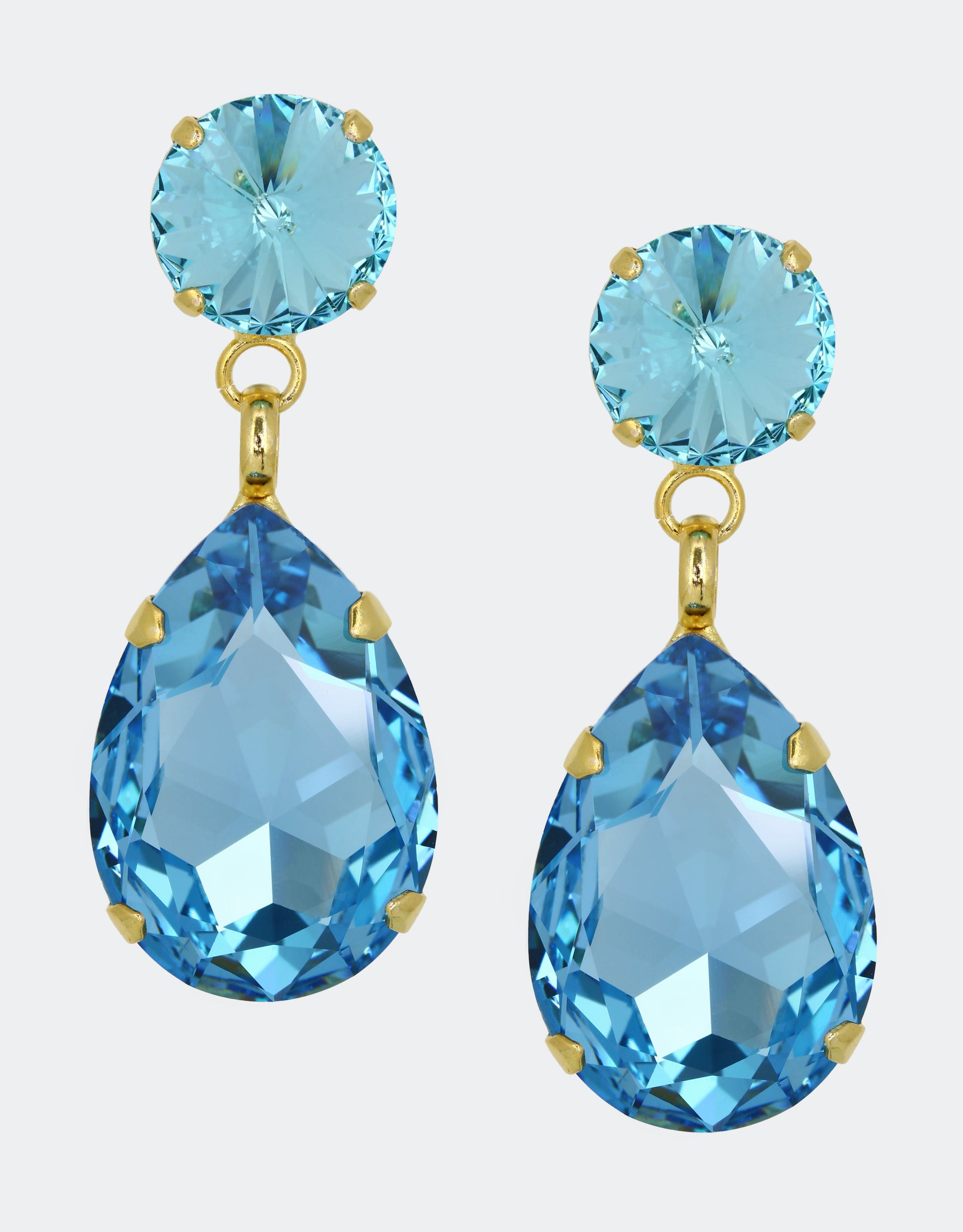 Selene Crystal Angelina teardrop earrings in aqua blue crystal with gold setting – vibrant handcrafted drop earrings for parties, summer occasions and statement styling. Free worldwide shipping on orders over £199.
