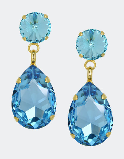 Selene Crystal Angelina teardrop earrings in aqua blue crystal with gold setting – vibrant handcrafted drop earrings for parties, summer occasions and statement styling. Free worldwide shipping on orders over £199.