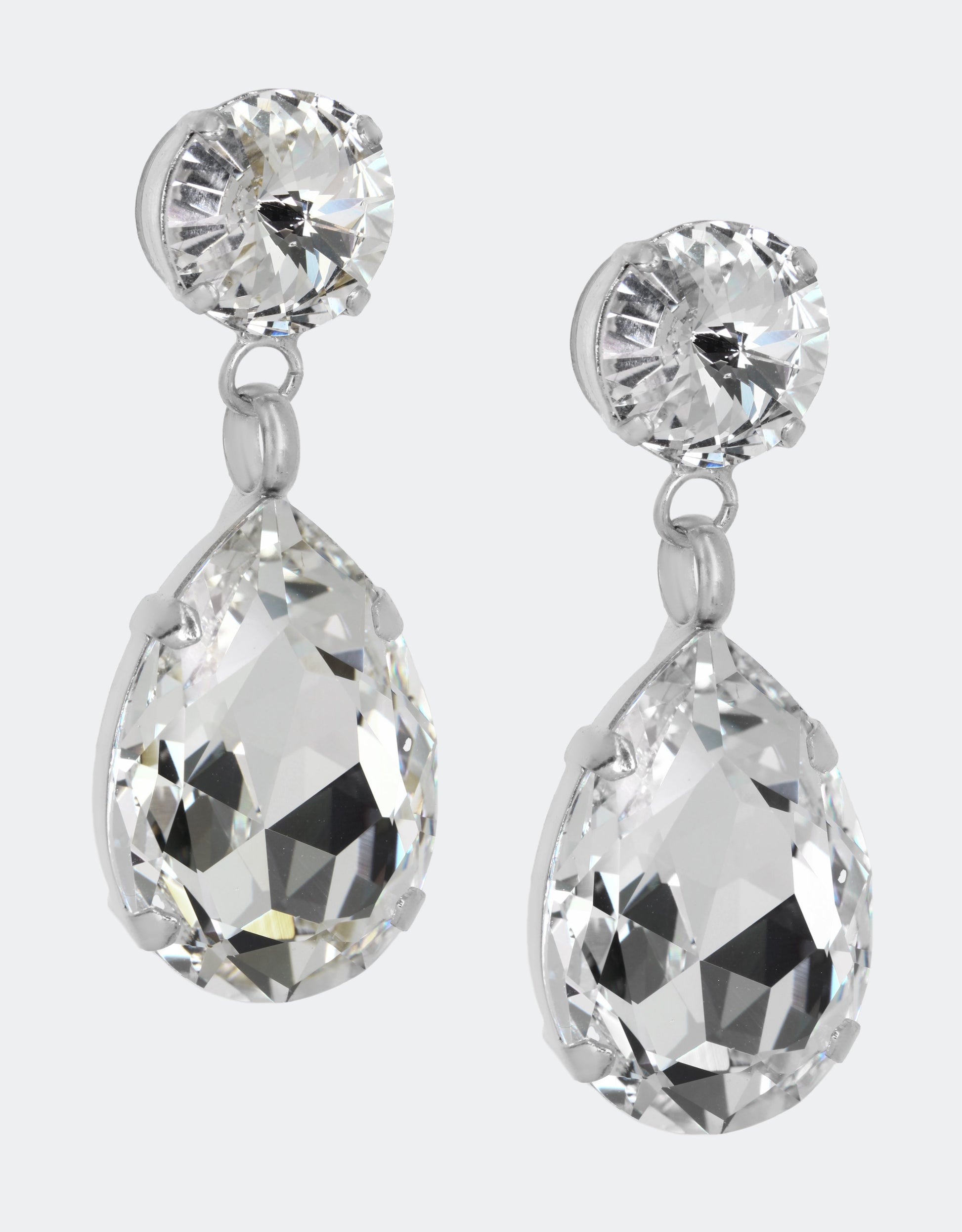 Selene Crystal Angelina classic teardrop earrings in clear crystal with silver setting – handcrafted in London, lightweight and refined for bridal and occasion wear.