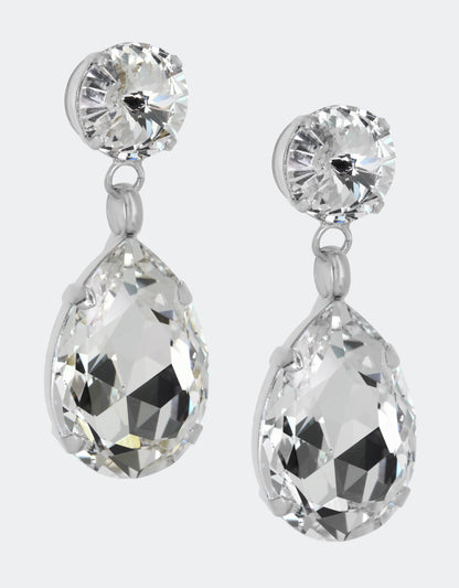 Selene Crystal Angelina classic teardrop earrings in clear crystal with silver setting – handcrafted in London, lightweight and refined for bridal and occasion wear.