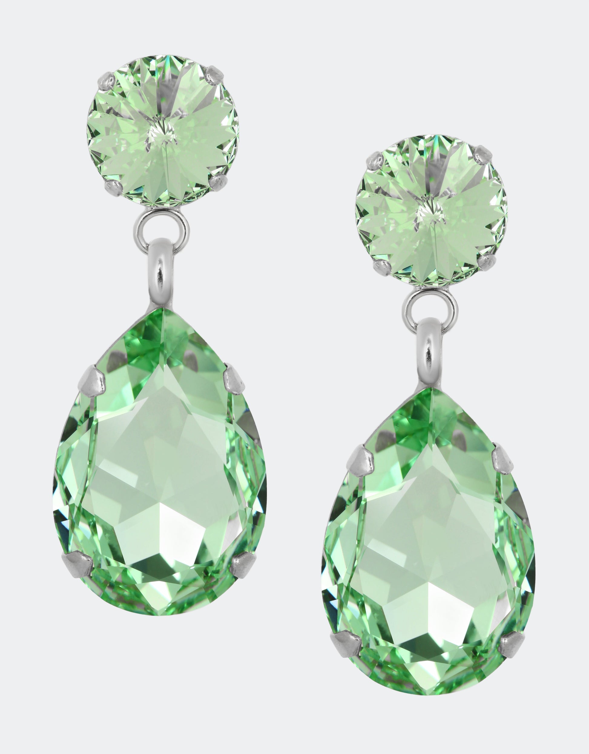 Selene Crystal Angelina teardrop earrings in green crystal with gold setting – a timeless classic handcrafted in London, perfect for refined occasion dressing and gifting. Free worldwide shipping on orders over £199.