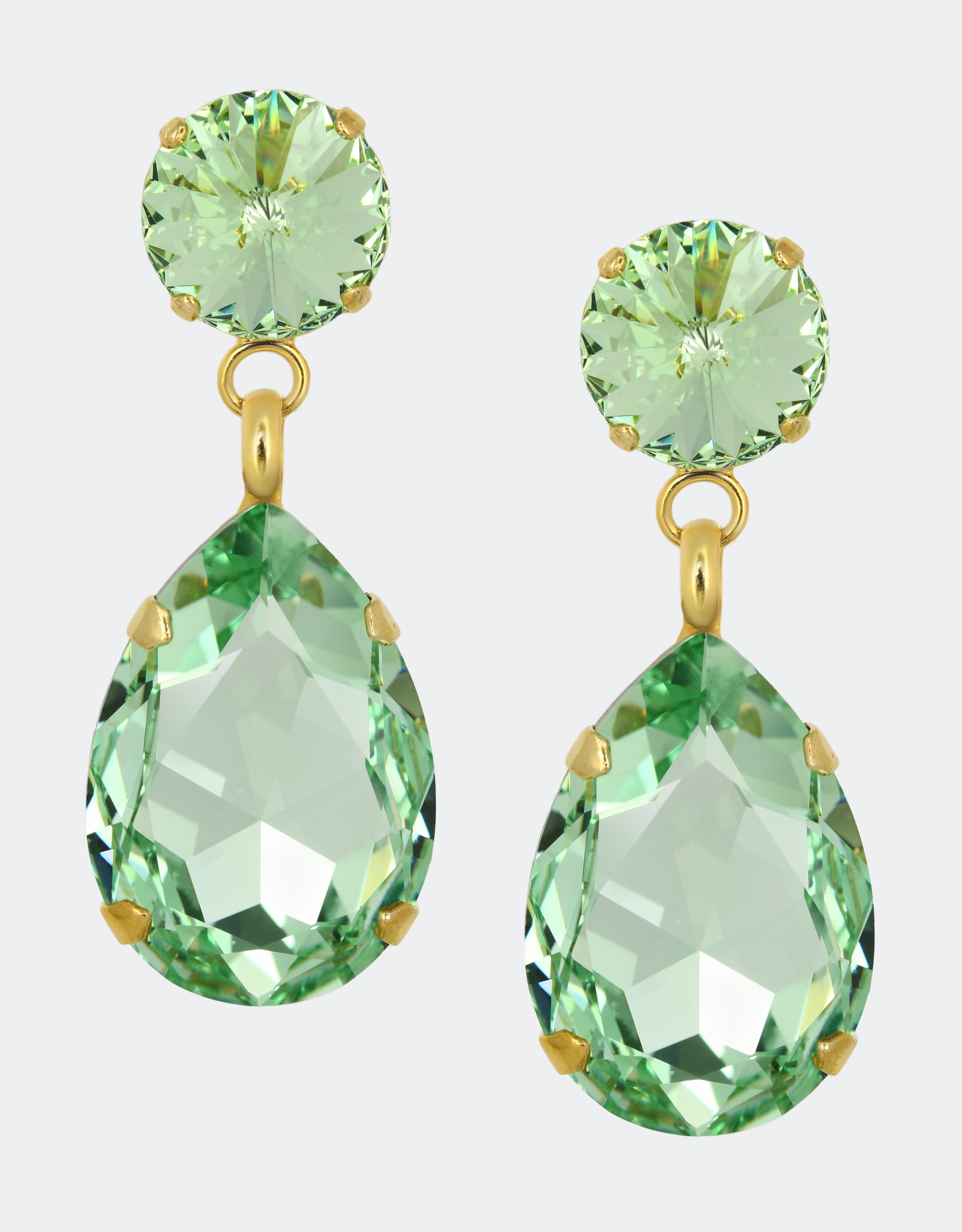 Selene Crystal Angelina teardrop earrings in mint green crystal with gold setting – elegant handcrafted drop earrings with a fresh, luminous finish for spring and summer occasions.