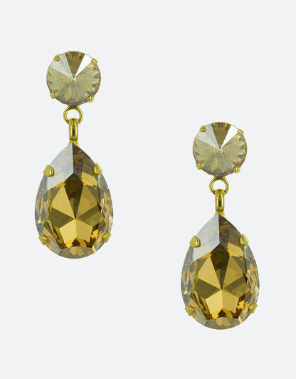 Selene Crystal Angelina teardrop earrings in olive crystal and gold – handcrafted in London with rich earthy tones, a classic design for sophisticated occasion wear.
