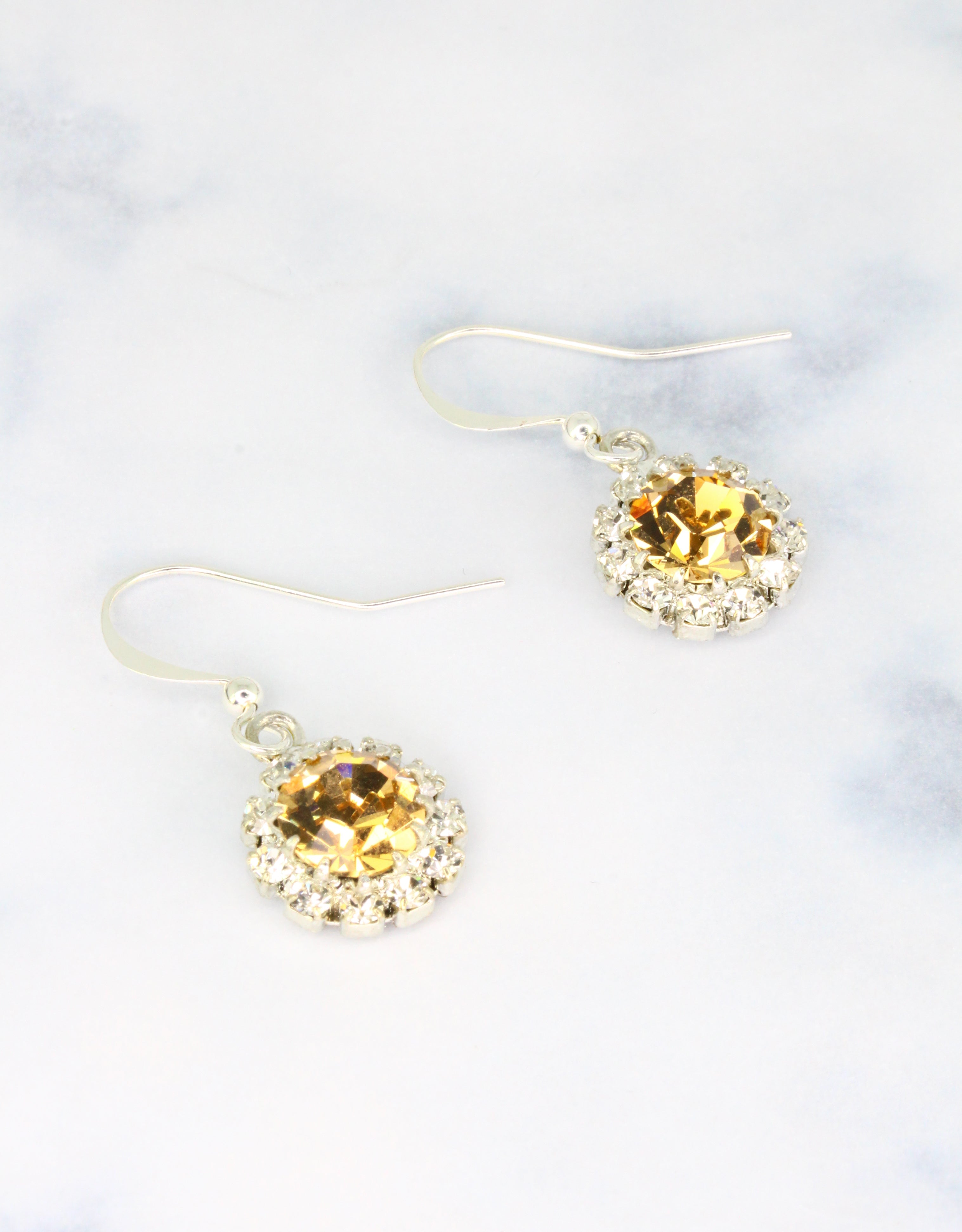 Selene Crystal June Hanging Rosetta topaz crystal drop earrings with silver hook – handcrafted warm-toned sparkle earrings perfect for weddings, parties and everyday luxury. Free worldwide shipping on orders over £199.