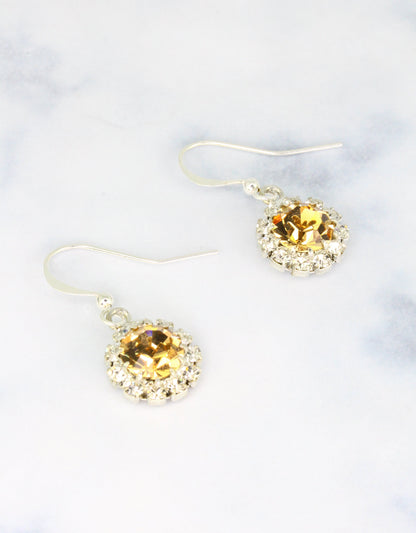 Selene Crystal June Hanging Rosetta topaz crystal drop earrings with silver hook – handcrafted warm-toned sparkle earrings perfect for weddings, parties and everyday luxury. Free worldwide shipping on orders over £199.