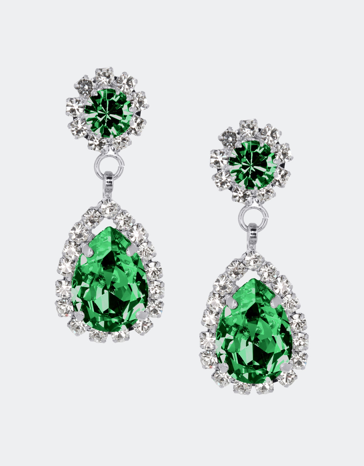 Selene Crystal emerald drop earrings in peridot green crystal with gold setting – fresh and vibrant pear-shaped handcrafted earrings with brilliant sparkle for spring and summer occasions.