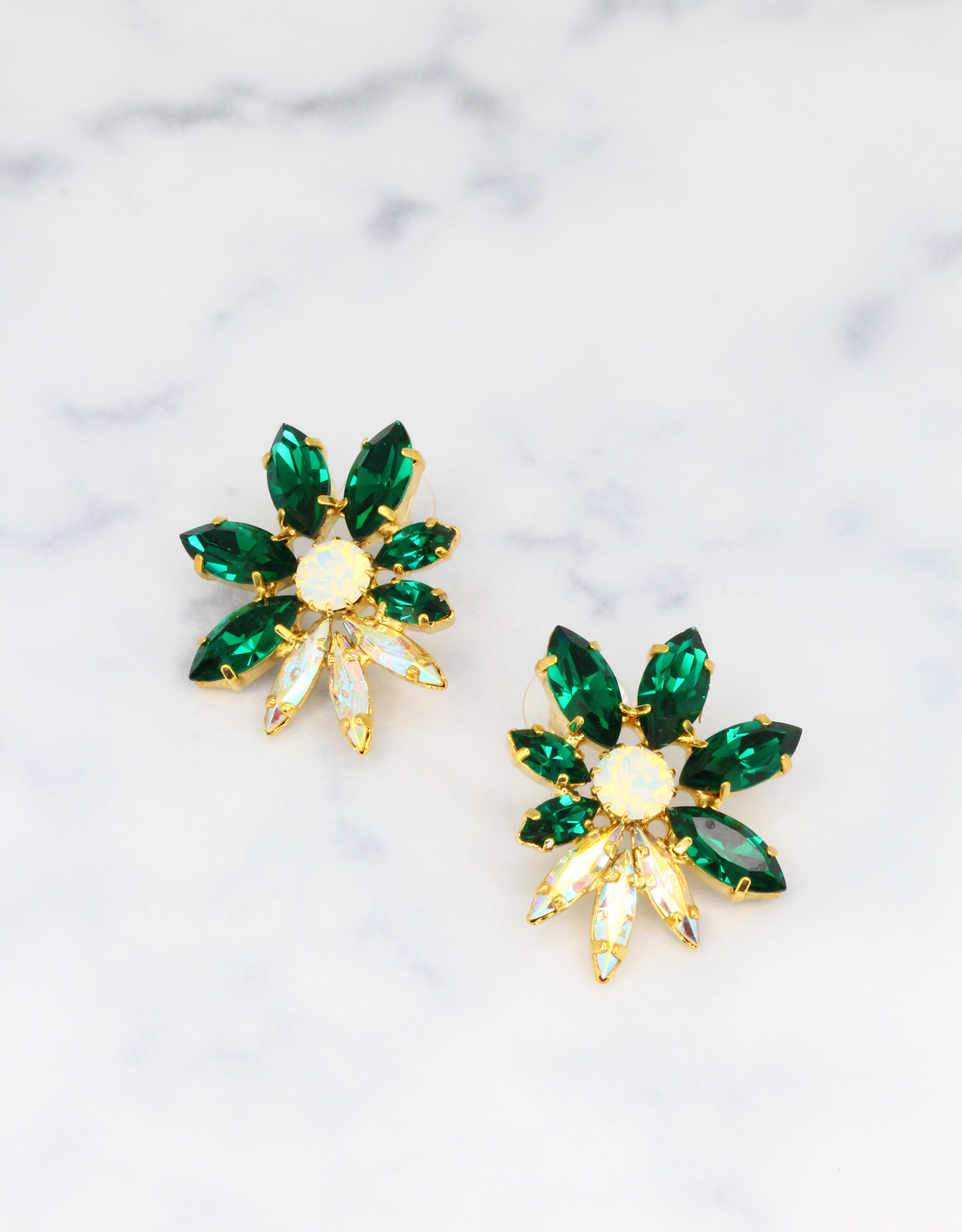 Selene Crystal Emery handmade green crystal stud earrings – multi-sized marquis stones arranged in a radiant sunburst pattern, perfect for evening glamour and occasion wear.