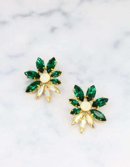 Selene Crystal Emery handmade green crystal stud earrings – multi-sized marquis stones arranged in a radiant sunburst pattern, perfect for evening glamour and occasion wear.