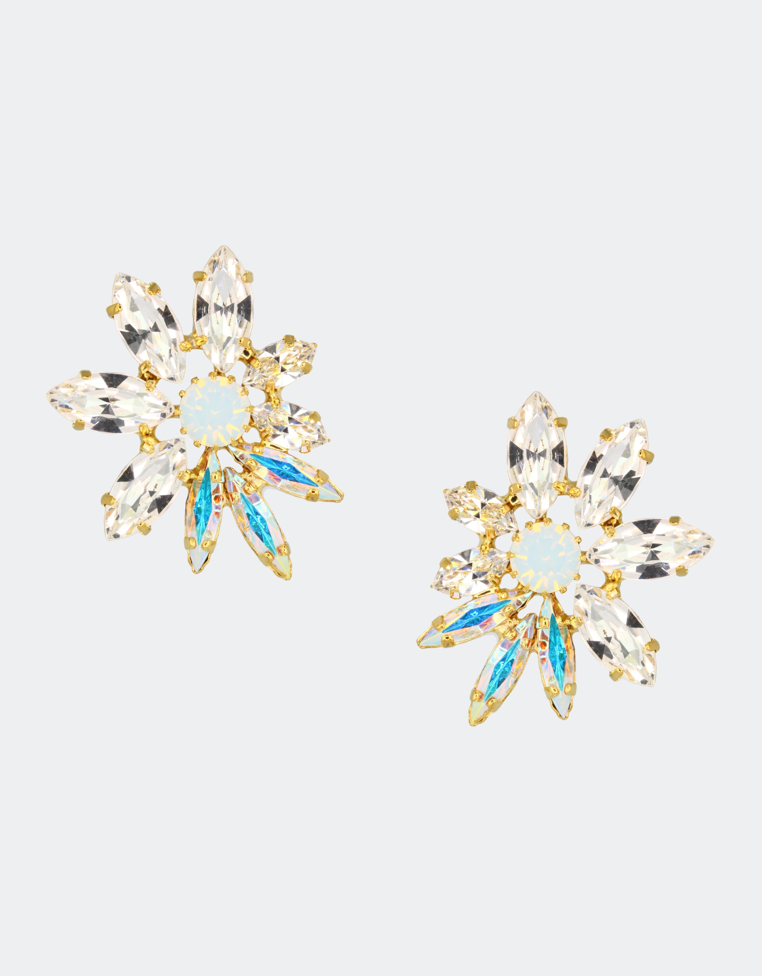 Selene Crystal Emery marquis crystal stud earrings in gold with multi-coloured stones – handcrafted firework-effect jewellery for weddings, parties and special occasions. Free worldwide shipping on orders over £199.
