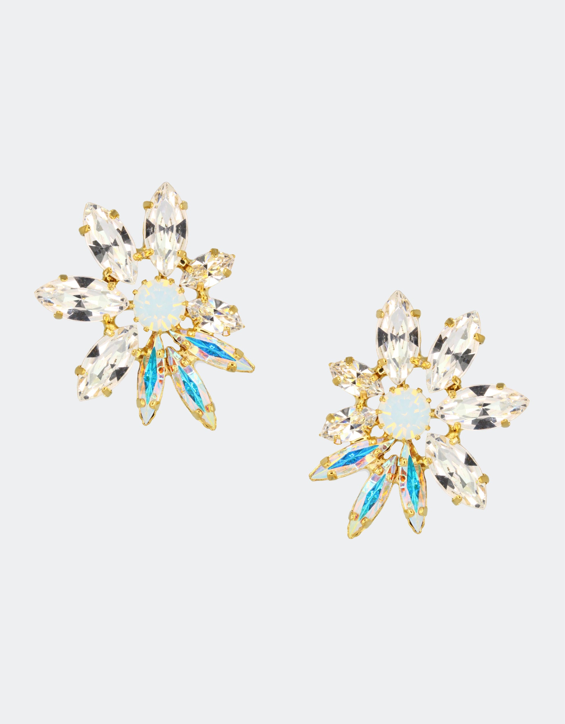 Selene Crystal Emery marquis crystal stud earrings in gold with multi-coloured stones – handcrafted firework-effect jewellery for weddings, parties and special occasions. Free worldwide shipping on orders over £199.