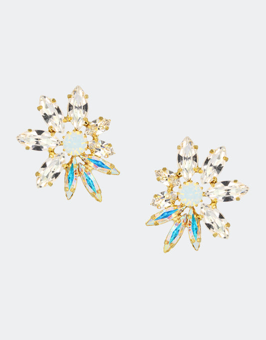 Selene Crystal Emery marquis crystal stud earrings in gold with multi-coloured stones – handcrafted firework-effect jewellery for weddings, parties and special occasions. Free worldwide shipping on orders over £199.