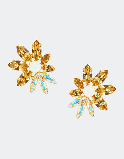 Selene Crystal Emery stud earrings in warm amber and gold marquis crystals – handcrafted firework-effect design with rich autumnal sparkle for parties and celebrations.