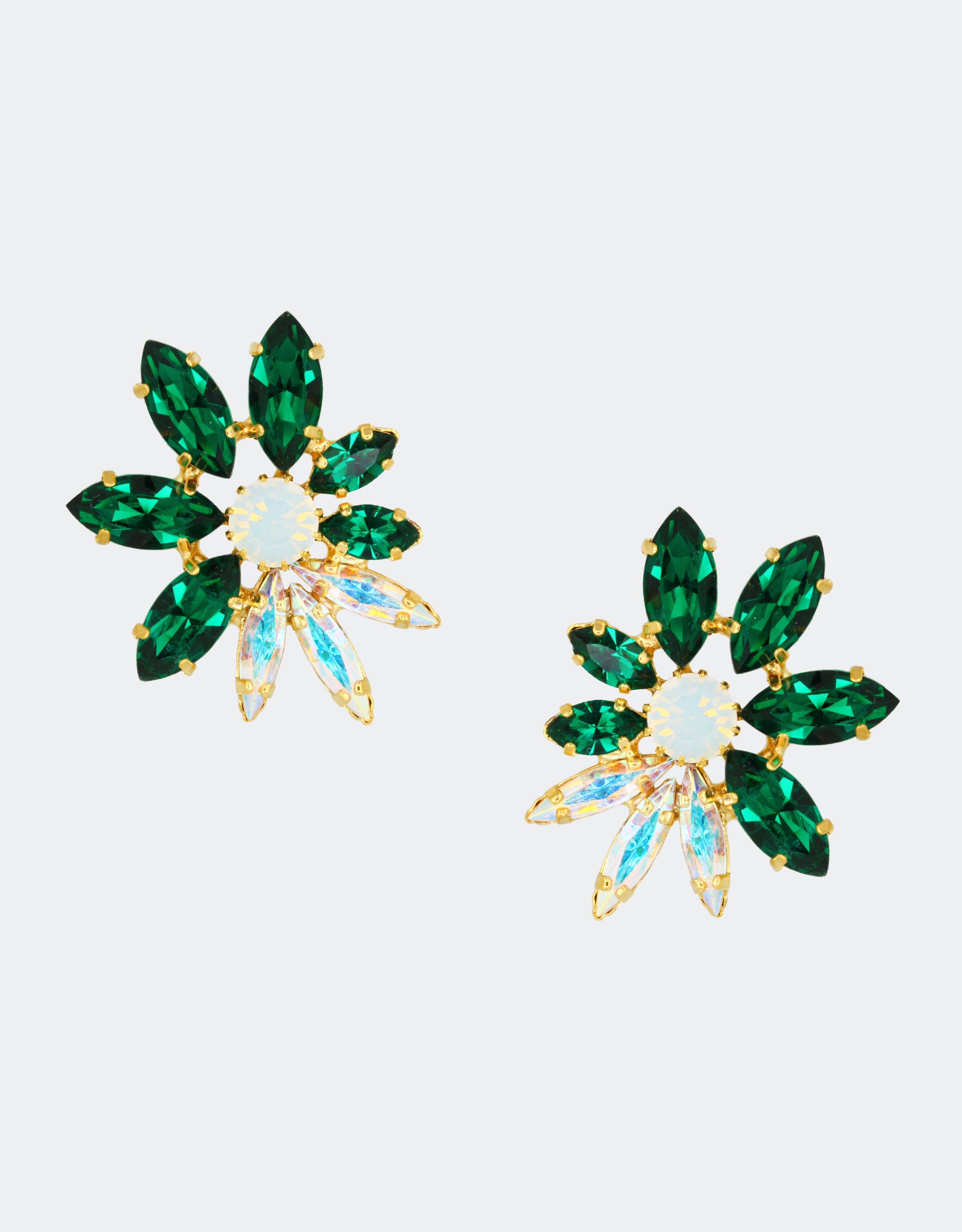 Selene Crystal Emery stud earrings in deep emerald green marquis crystals – bold handcrafted statement jewellery with a striking firework effect, ideal for parties and special occasions.