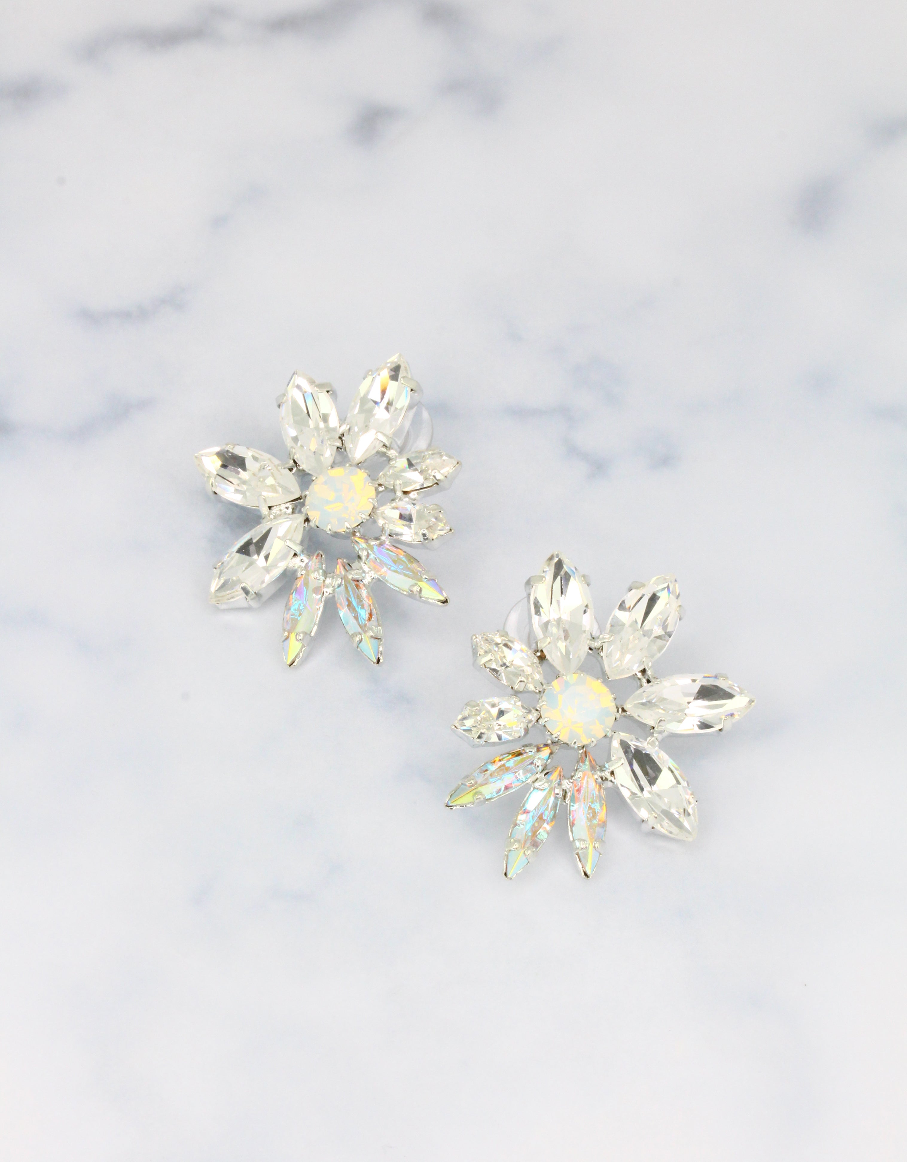 Selene Crystal Emery stud earrings with pearl centre and white marquis crystal petals – elegant handcrafted jewellery for brides, weddings and refined occasion dressing