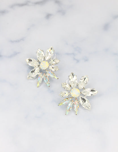 Selene Crystal Emery stud earrings with pearl centre and white marquis crystal petals – elegant handcrafted jewellery for brides, weddings and refined occasion dressing