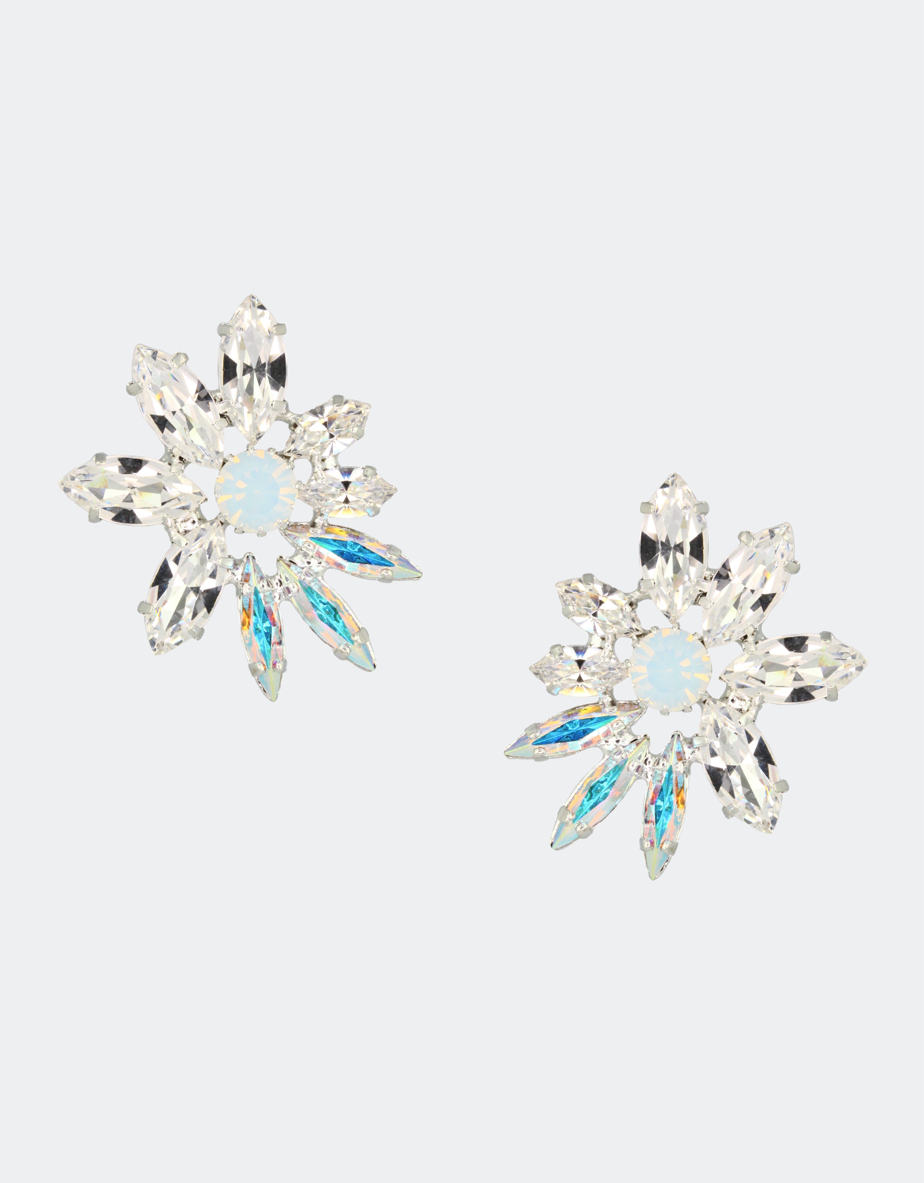 Selene Crystal Emery stud earrings in silver with blue-tipped marquis crystals – a dazzling firework-inspired design that catches light beautifully for evening and bridal styling.