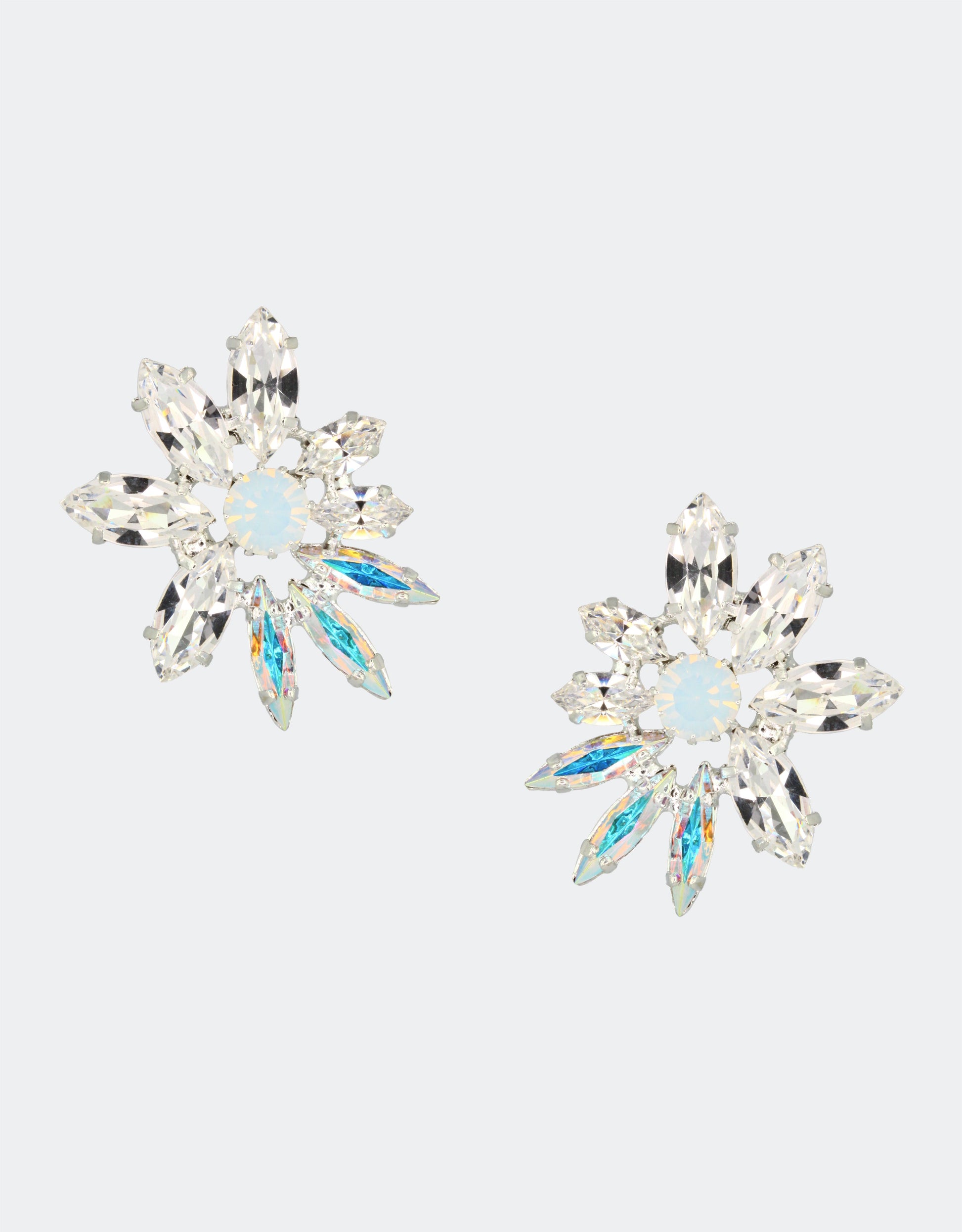 Selene Crystal Emery stud earrings in silver with blue-tipped marquis crystals – a dazzling firework-inspired design that catches light beautifully for evening and bridal styling.