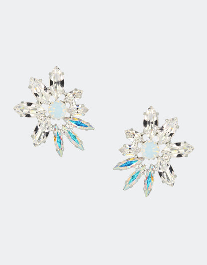 Selene Crystal Emery stud earrings in silver with blue-tipped marquis crystals – a dazzling firework-inspired design that catches light beautifully for evening and bridal styling.