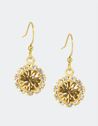 Selene Crystal June Hanging Rosetta drop earrings in amber crystal with gold hook – rich autumnal handcrafted sparkle earrings with deep warm tones for any occasion.