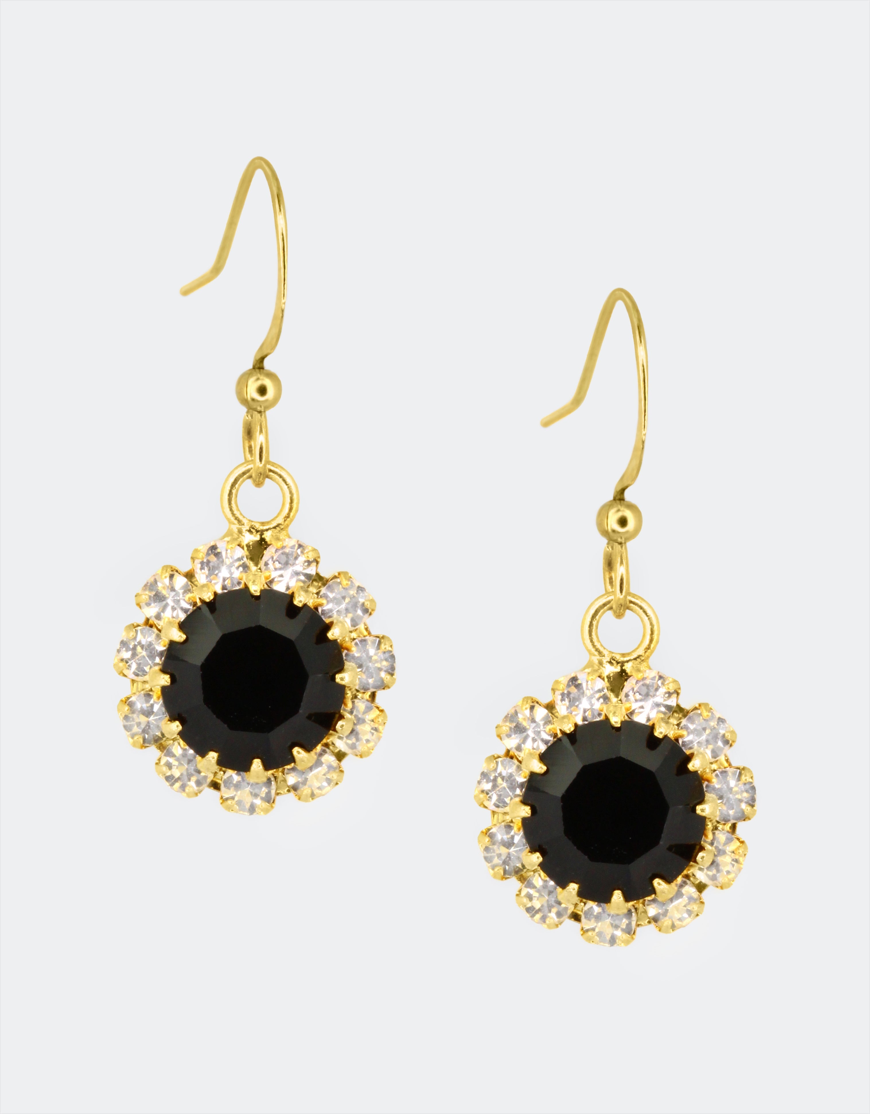 Selene Crystal June Hanging Rosetta jet black crystal drop earrings with gold hook – handcrafted sparkle earrings with a soft romantic finish for casual and special occasion styling.