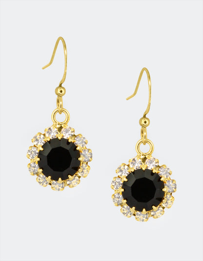 Selene Crystal June Hanging Rosetta jet black crystal drop earrings with gold hook – handcrafted sparkle earrings with a soft romantic finish for casual and special occasion styling.