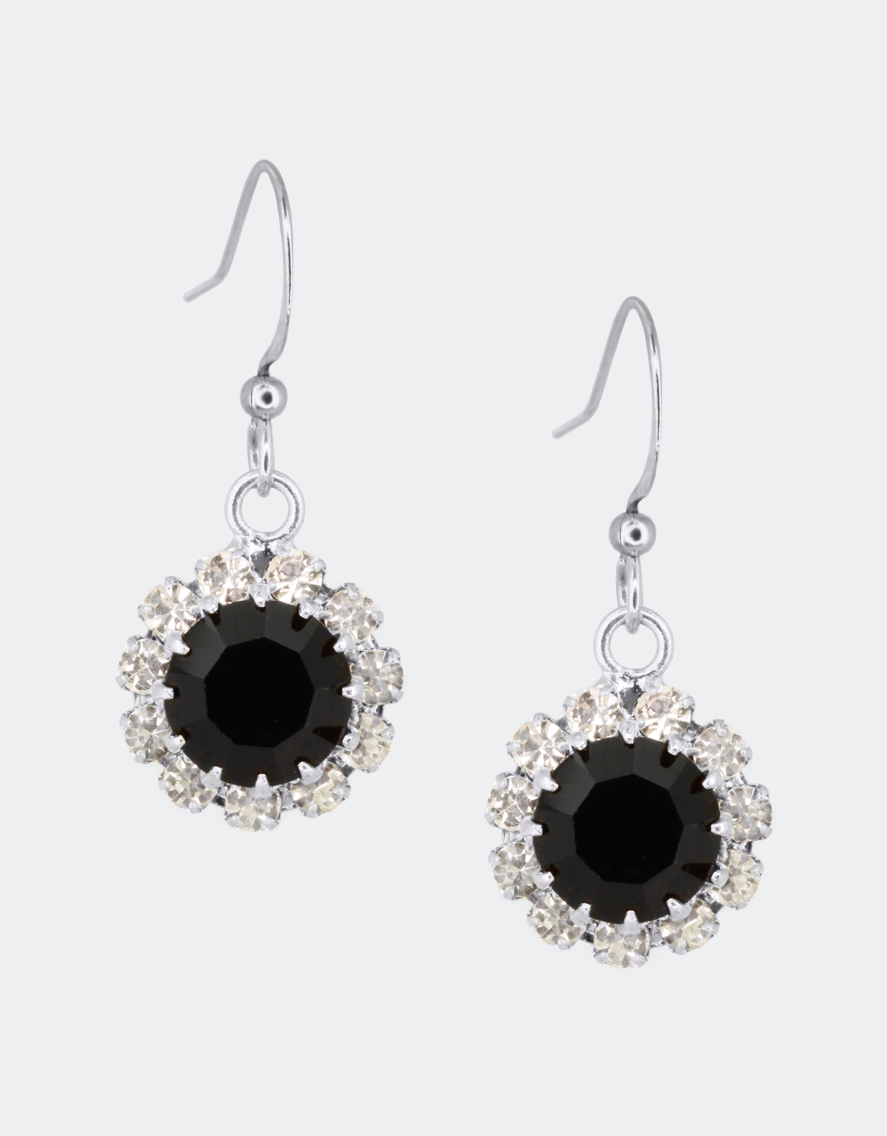 Selene Crystal June Hanging Rosetta black crystal drop earrings – handcrafted with a striking dark halo design, perfect for casual days and dressed-up evening occasions.