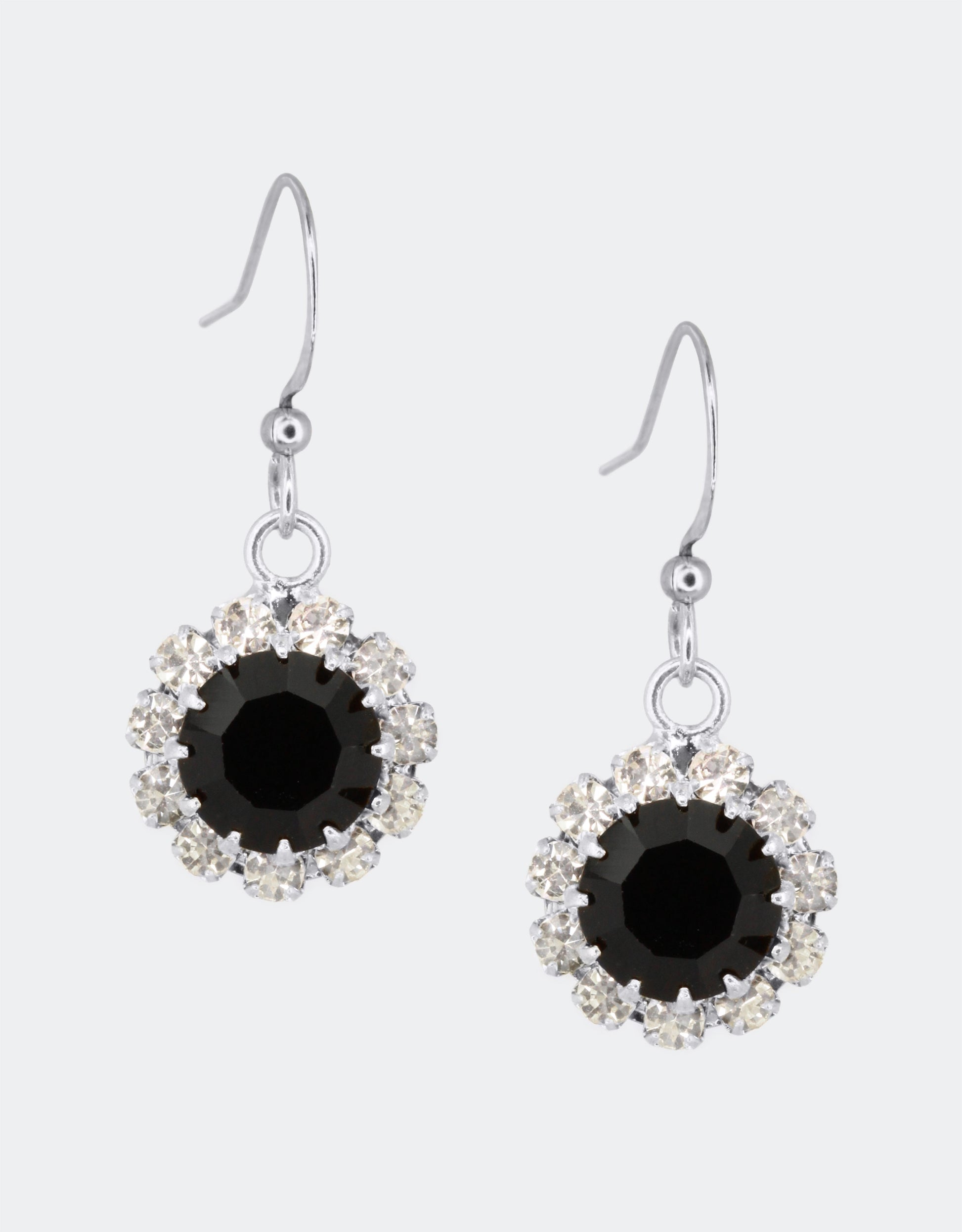 Selene Crystal June Hanging Rosetta black crystal drop earrings – handcrafted with a striking dark halo design, perfect for casual days and dressed-up evening occasions.