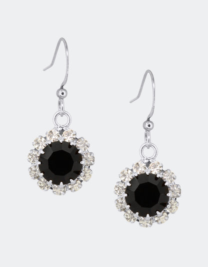 Selene Crystal June Hanging Rosetta black crystal drop earrings – handcrafted with a striking dark halo design, perfect for casual days and dressed-up evening occasions.