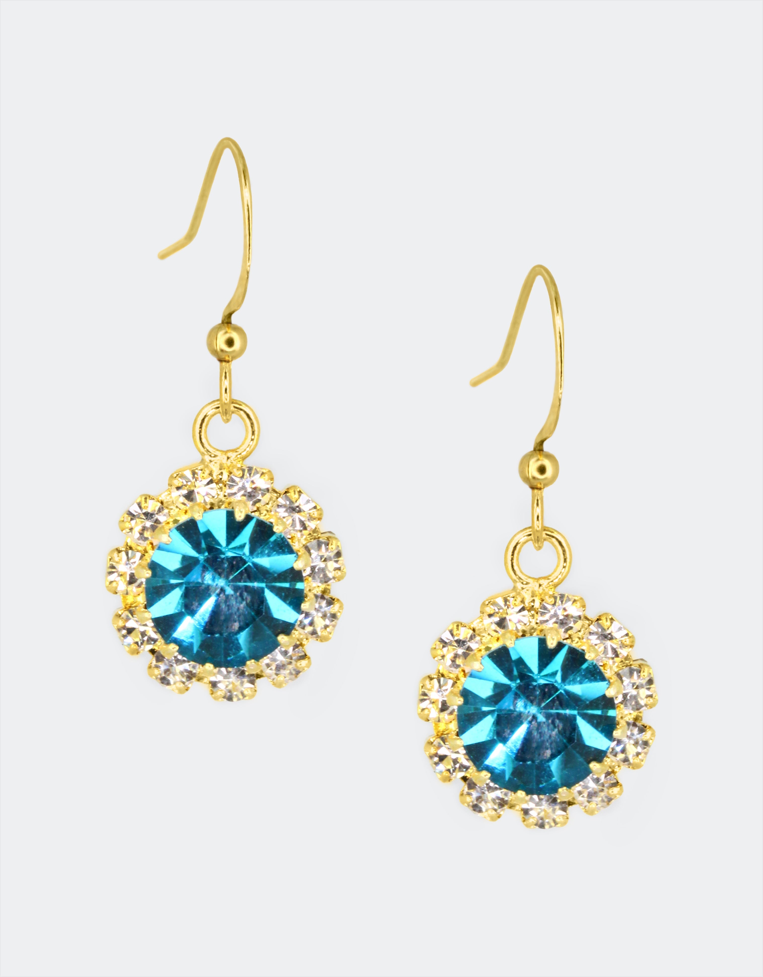 Selene Crystal June Hanging Rosetta drop earrings in clear crystal with gold hook – timeless handcrafted sparkle earrings that complement every outfit from day to night.