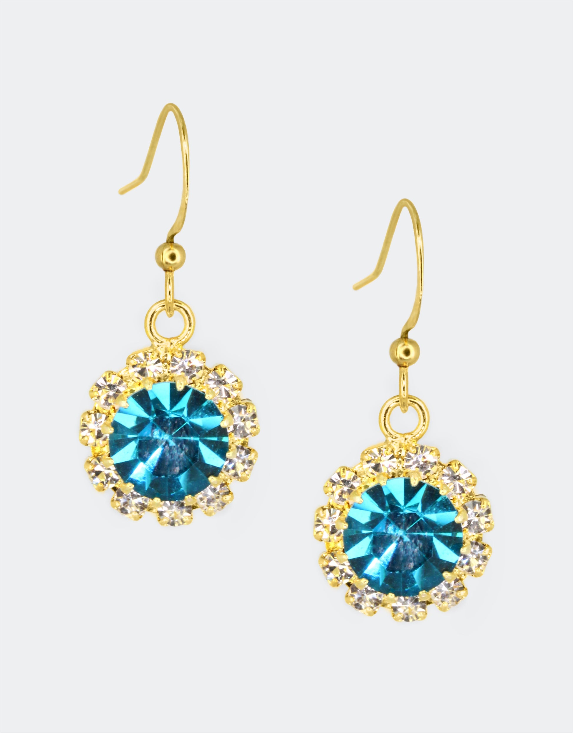 Selene Crystal June Hanging Rosetta drop earrings in clear crystal with gold hook – timeless handcrafted sparkle earrings that complement every outfit from day to night.