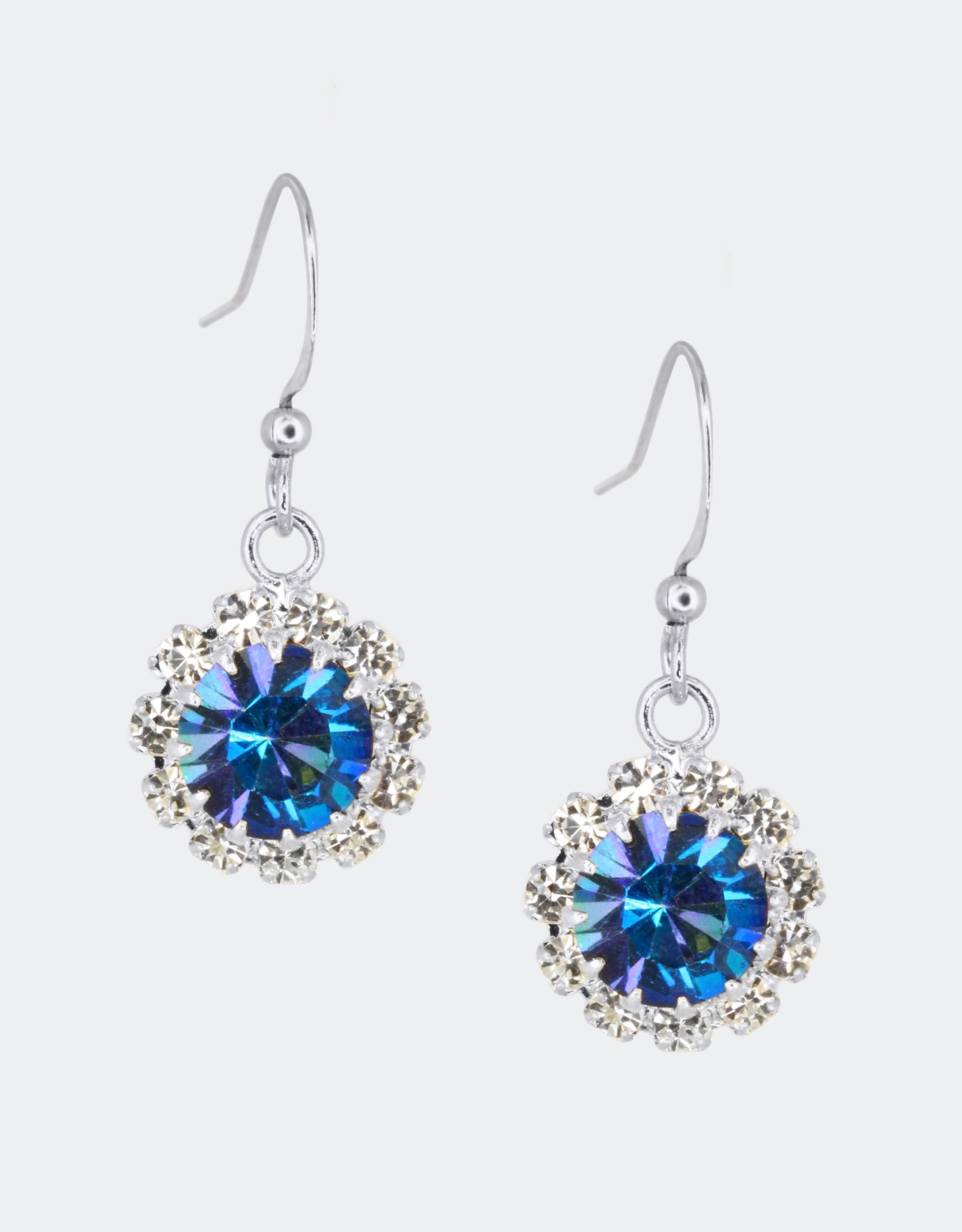 Selene Crystal June Hanging Rosetta drop earrings in cobalt blue crystal with gold hook – bold handcrafted jewellery with deep jewel-toned sparkle for any event or night out.