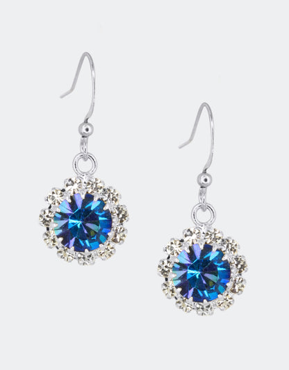 Selene Crystal June Hanging Rosetta drop earrings in cobalt blue crystal with gold hook – bold handcrafted jewellery with deep jewel-toned sparkle for any event or night out.