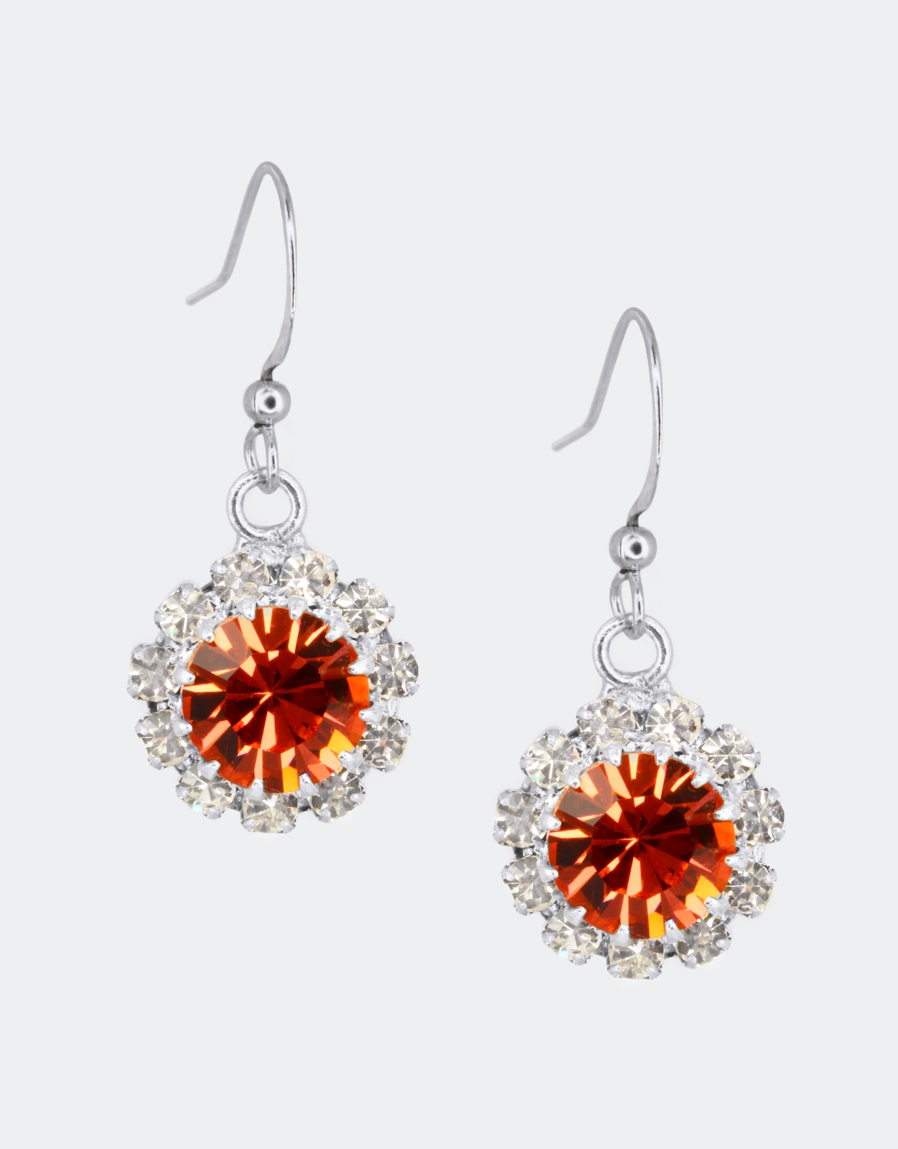 Selene Crystal June Hanging Rosetta drop earrings in coral pink crystal with gold hook – warm-toned handcrafted sparkle earrings that brighten any everyday or occasion look.
