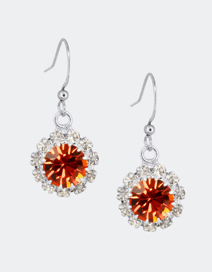 Selene Crystal June Hanging Rosetta drop earrings in coral pink crystal with gold hook – warm-toned handcrafted sparkle earrings that brighten any everyday or occasion look.