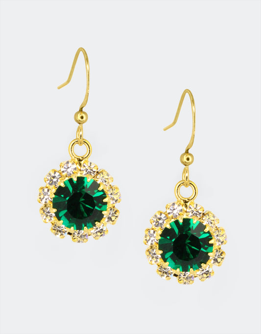 Selene Crystal June Hanging Rosetta drop earrings in emerald green crystal with gold hook – handcrafted sparkle earrings perfect for casual days and nights out. Free worldwide shipping on orders over £199.
