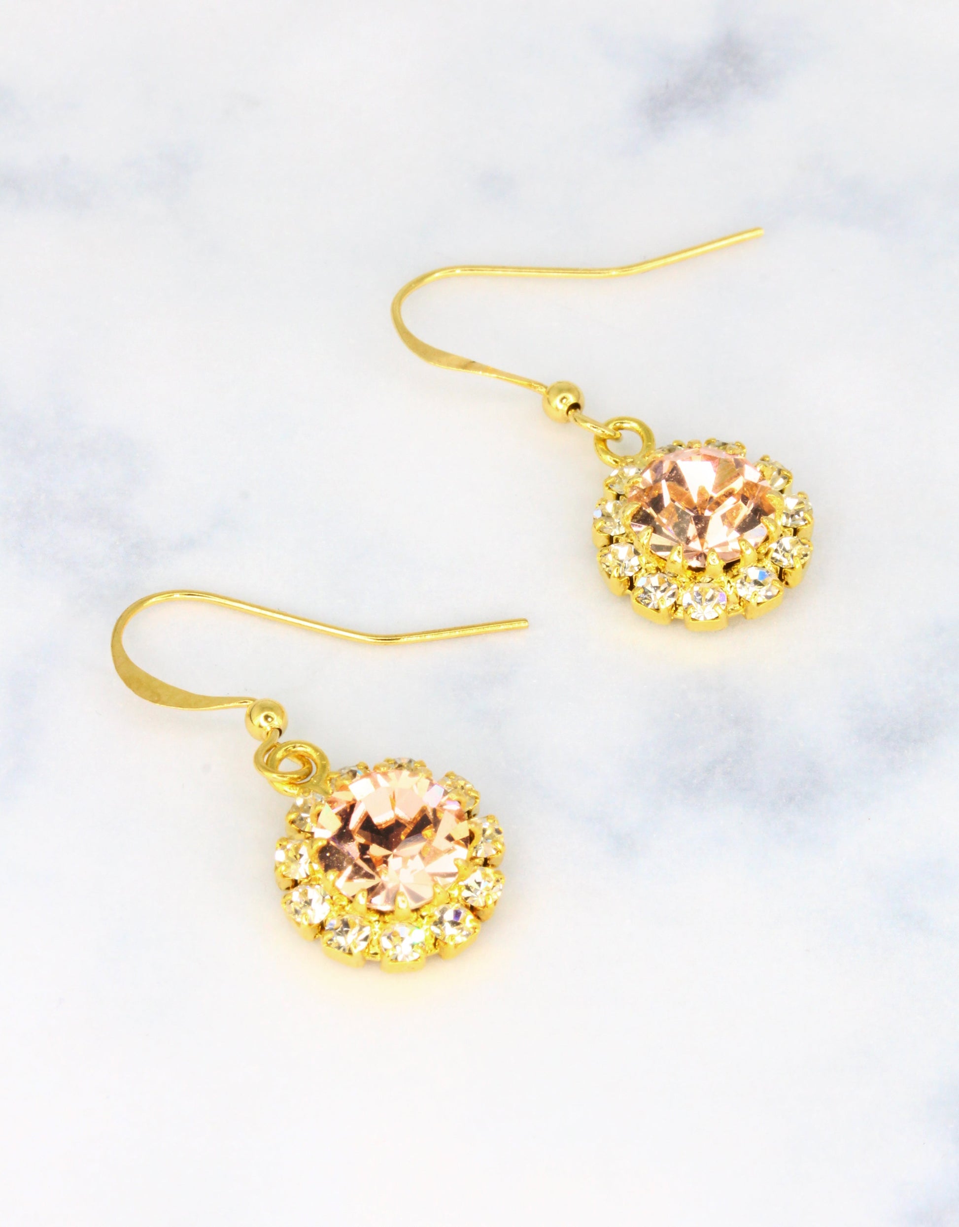 Selene Crystal June Hanging Rosetta drop earrings in amber crystal with gold hook – rich autumnal handcrafted sparkle earrings with deep warm tones for any occasion.