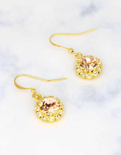 Selene Crystal June Hanging Rosetta drop earrings in amber crystal with gold hook – rich autumnal handcrafted sparkle earrings with deep warm tones for any occasion.